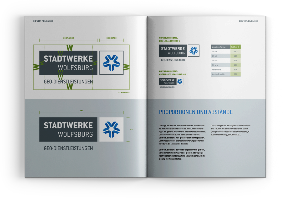 Die Doppelseite aus dem Corporate Design Manual der Stadtwerke Wolfsburg AG zeigt Anwendungsbeispiele der entwickelten Wort-/Bildmarke.