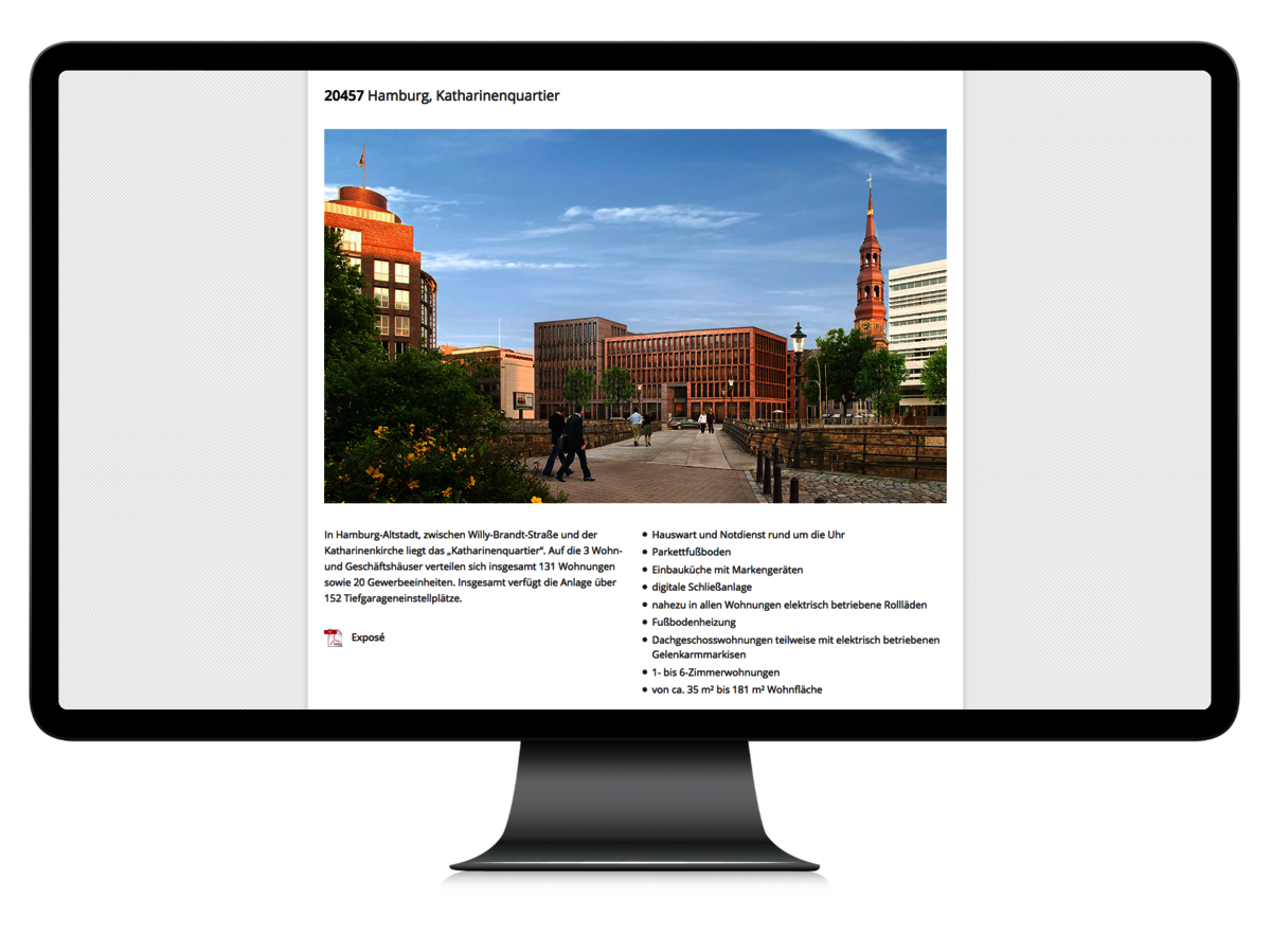 Das Bild zeigt einen Computer-Bildschirm mit dem Immobilien-Angebot Katharinenquartier in Hamburg und dem dazugehörigen Immobilien-Exposé als pdf.
